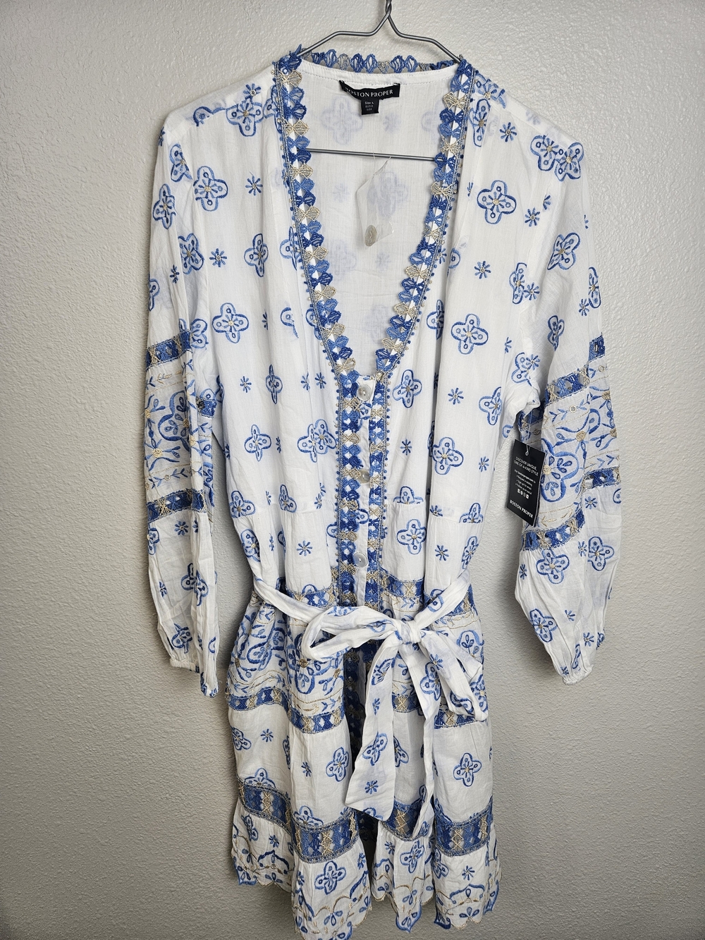 NWT Boston Proper Blue White Embroidered Crochet Lace Trim Tunic Dress Large